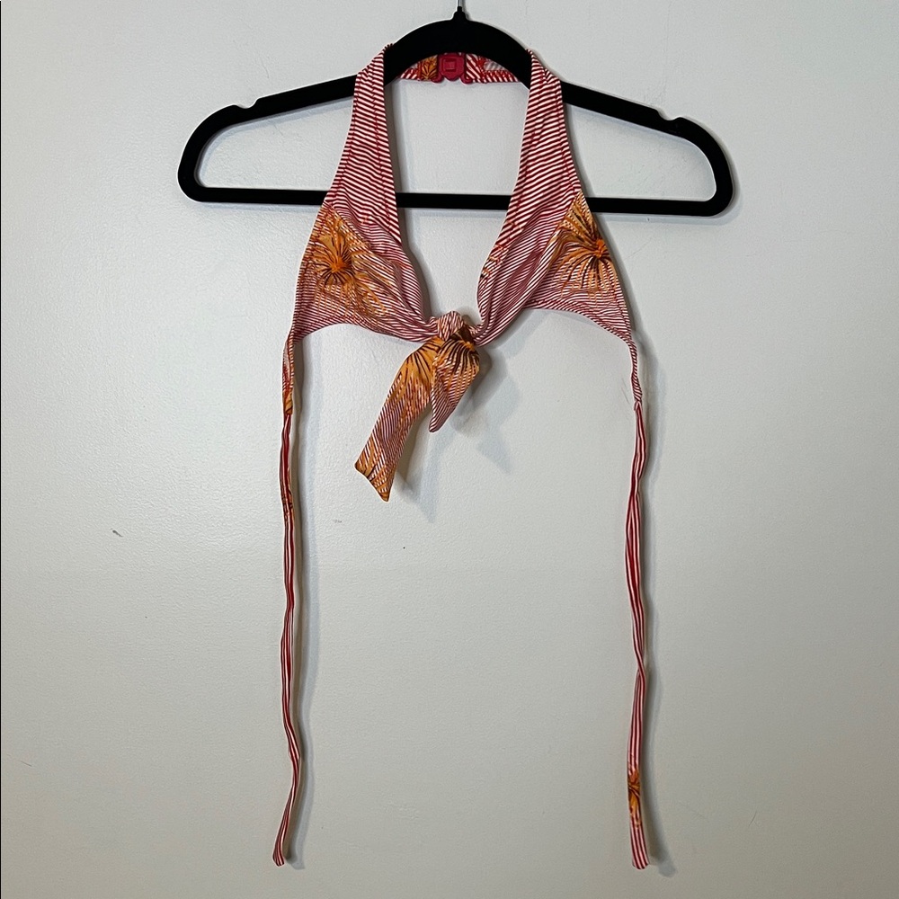 Striped Tie-Front Halter Top in Red and Orange Floral